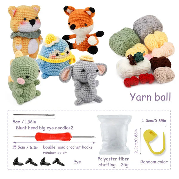 🧸 DIY Crochet Animal Kit Type A (Fox, Elephant, Dinosaur,Koki, Blue Penguin)- Create Your Own Cuddly Friends!